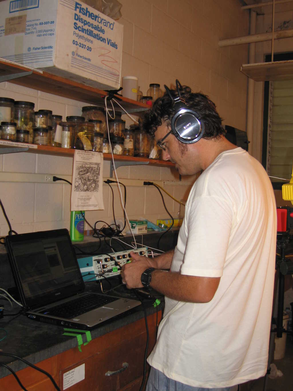 Dr. Boyle listening to fish in lab